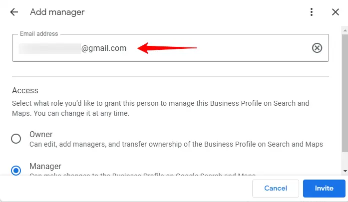 Entering The Manager's Email Address In Google My Business Account