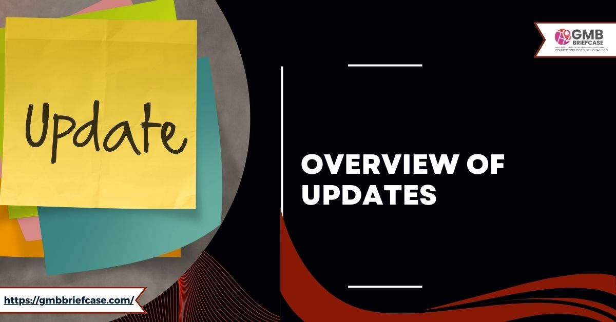 A stack of colorful sticky notes with the top note reading 'Update' on the left side. On the right side, the text reads 'Overview of Updates'.